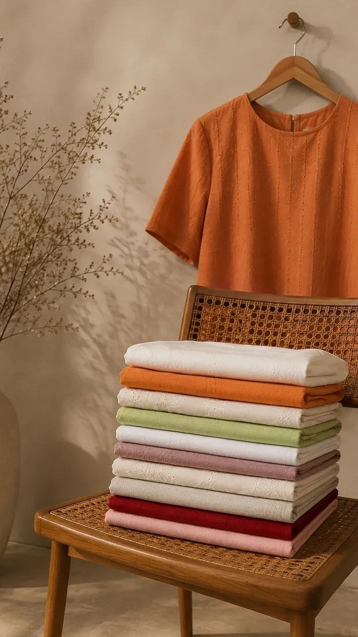 Uma foto de produtos de tecido (toalhas e roupas) organizados em uma cadeira, com uma peça de roupa laranja.